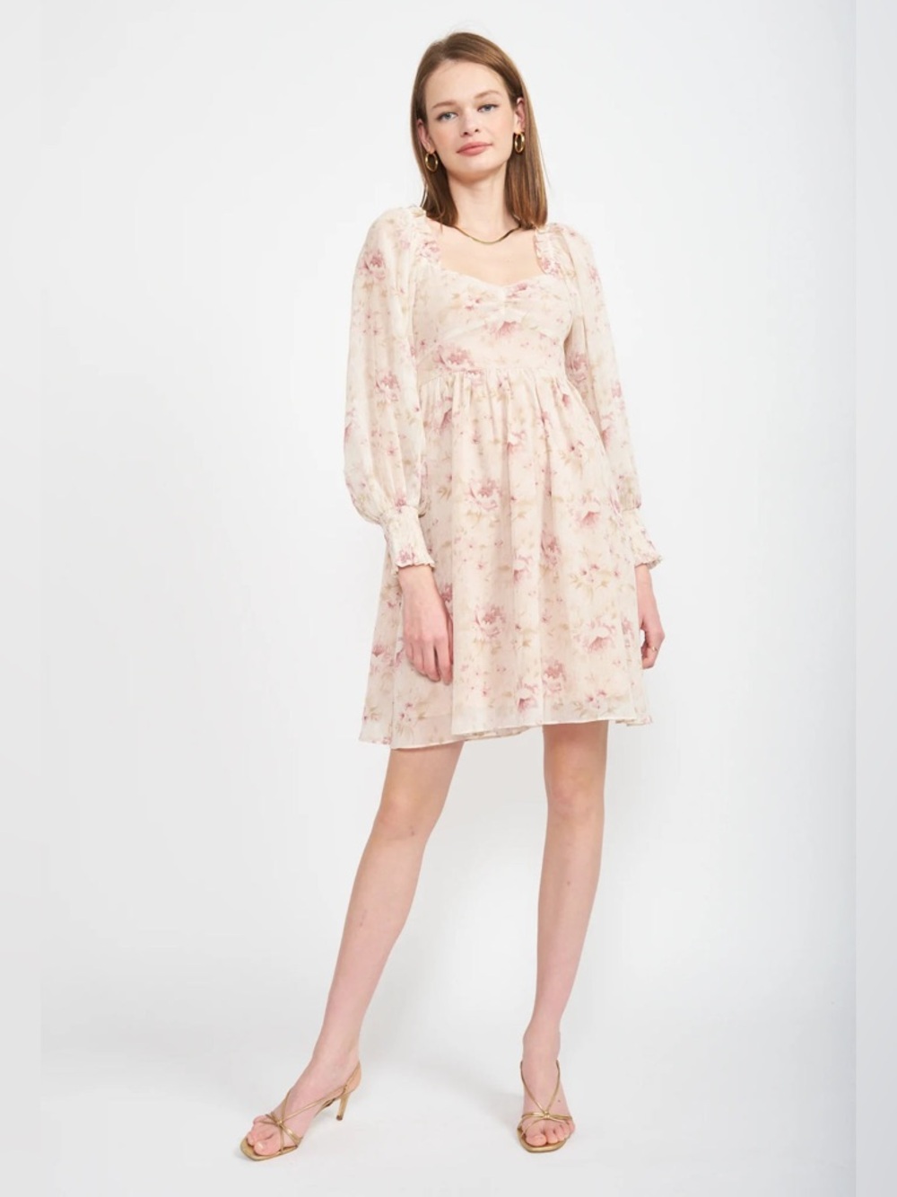 EN SAISON Eaven Mini Babydoll Dress Light Pink Blush Floral L Large Long Sleeve